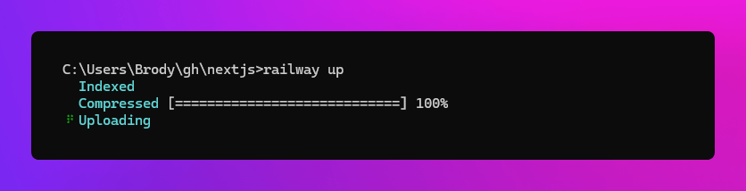 screenshot of the command line after railway up was run