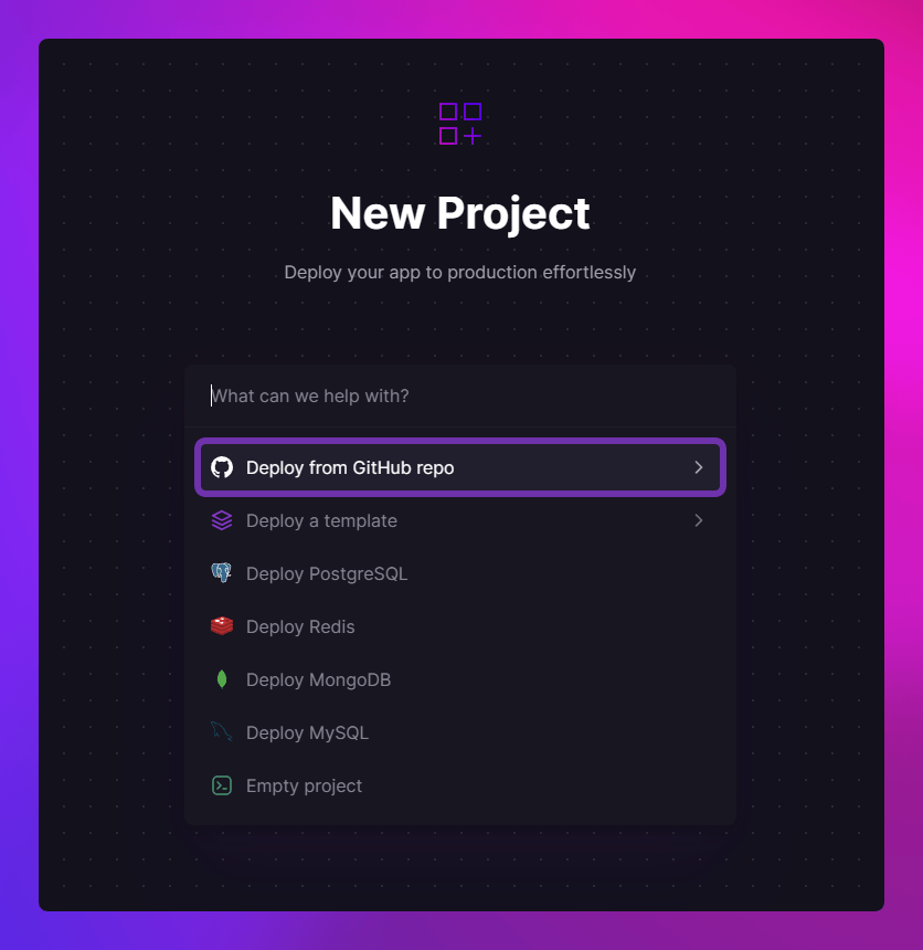 screenshot of new project menu with deploy from github selected