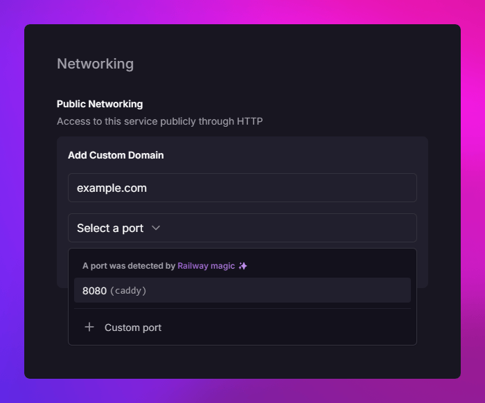 Screenshot of target port selection on a custom domain